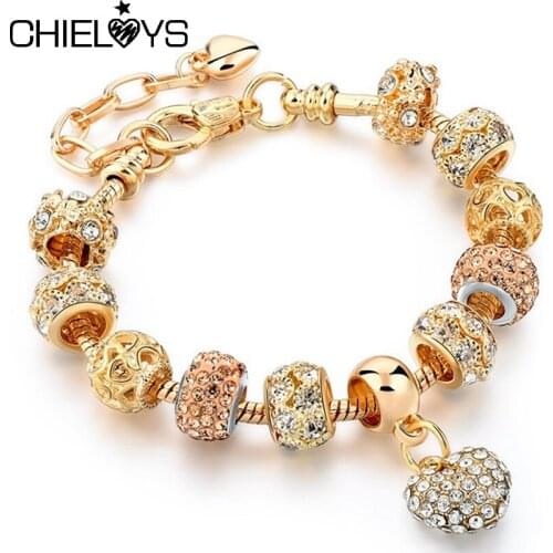 2021 New Crystal Heart Beads Charm Bracelets Gold Color Snake Chain Brand Bracelets for Women Lover Valentines Day Jewelry Gift
