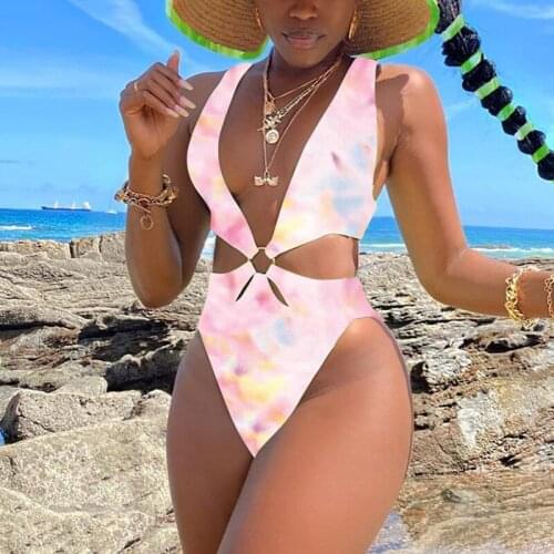 2021 New One-Piece Bikini Tie-Dye Printing Swimsuit Female Womens Sexy Printed Hollow High Waist Bikini Beachwear Plus Size