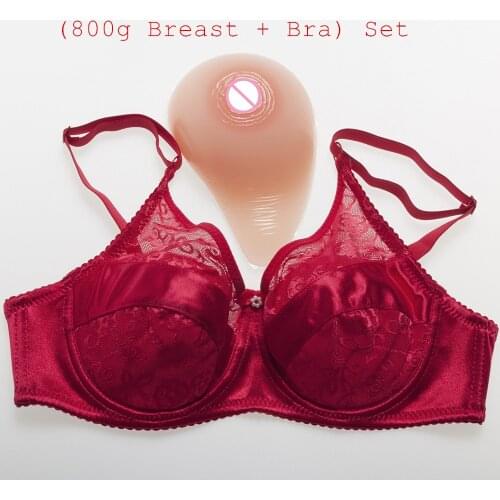 800g/pair Classic Curved Nude Silicone Boobs + Sexy Lace and Satin Pocket Bra) Crossdresser Mastectomy Breast With Bra Set