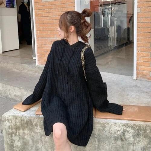 SHIJIA Apricot Long Sweater Womens Clothing Streetwear Korean Hooded Knitted Jumper Female Full Sleeve Loose Pullovers Autumn
