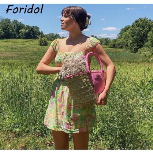 Foridol Oil Painting French Style Beach Dress Women Clothing Vintage Floral Print Boho Mini Summ Dress Dropshipping Dress 2021