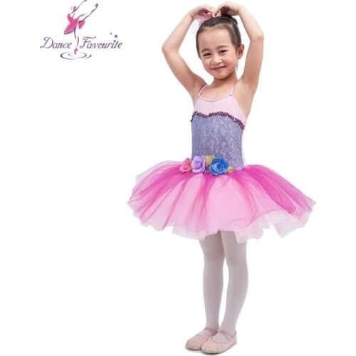 Nice Dance Skirt Pink Spandex Bodice With Flowers Ballet Tutu Kid Dance Costume Ballerina Dance Tutu