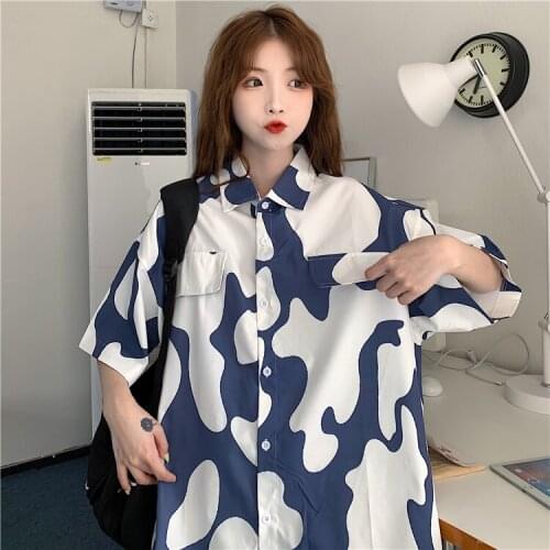 Summer loose casual Korean of Harajuku printed pocket shirt women
