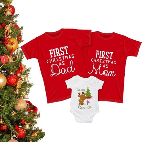 My First Christmas As Dad Mom Family Matching Clothes Dad Mom Son Daughter Outfits Baby Romper Infant New Year Deer Graphic 2021