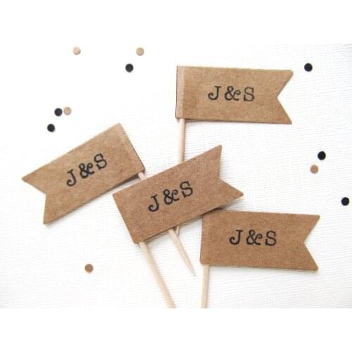 Personalized Cupcake Toppers Kraft Pennant Flag Wedding Shower Party Decor Double-Sided Nautical - Set of 15