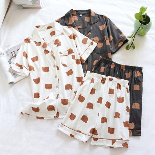 New summer couple 100% cotton pajamas two-piece thin short-sleeved shorts ladies knitted cartoon bear mens home service set