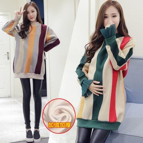 Stripe Dress Maternity Dresses Winter Velour Sweater For Pregnancy Thick Velvet Tops Clothes For Pregnant Women Vestido Vestidos