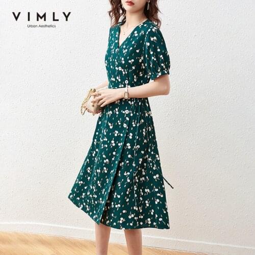 VIMLY Summer Floral Dress For Women High Waist V Neck Vintage Beach Dresses Elegant Womens Maxi Dress Female Vestidos F7232