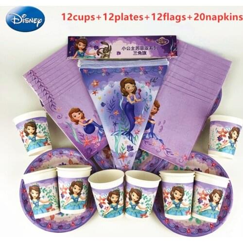 New 56pPcs Disney Sofia Princess Disposable Tableware Kids Girls Birthday Party Decoration Paper Plate+Cup+Napkin+Flags Supplies