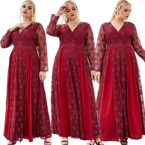 Plus Size Elegant Lace Flower Long Dress Muslim Ramadan Islamic Loose Women Abaya Araic Hollow Out Long Sleeve Maxi Robe Fashion