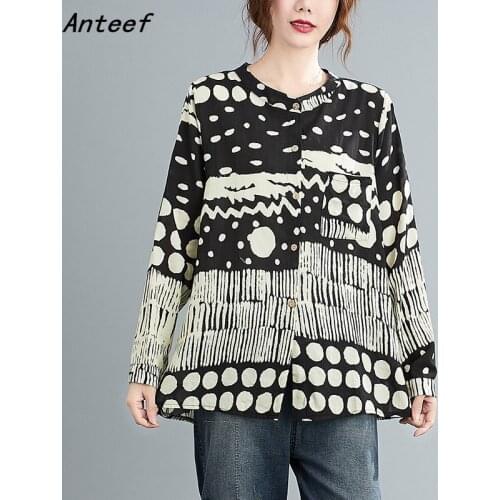 Long sleeve plus size cotton vintage Polka Dot korean style Casual loose autumn shirt women blouse 2021 clothes ladies tops