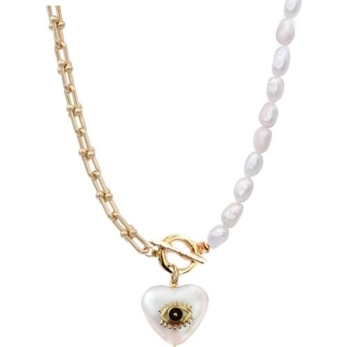 Heart OT Fashion Jewelry Luxury creative Exquisite freshwater pearl beaded gold evil eye charm chunky U link chain necklace