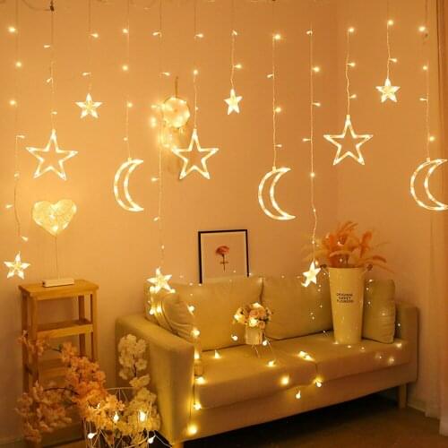 Moon Stars LED Curtain String Light Christmas Fairy Tale Lamp Wedding Holiday Family Garden Party Decoration US/EU/UK/AU Plug