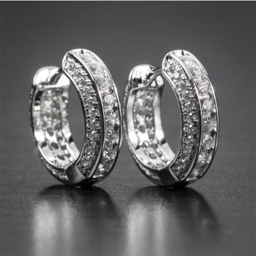 Vintage S925 Silver Plated Chunkey Hoop Earrings White CZ Stone Loop Earrings for Men Women Wedding Party Fashion Jewelry Gifts