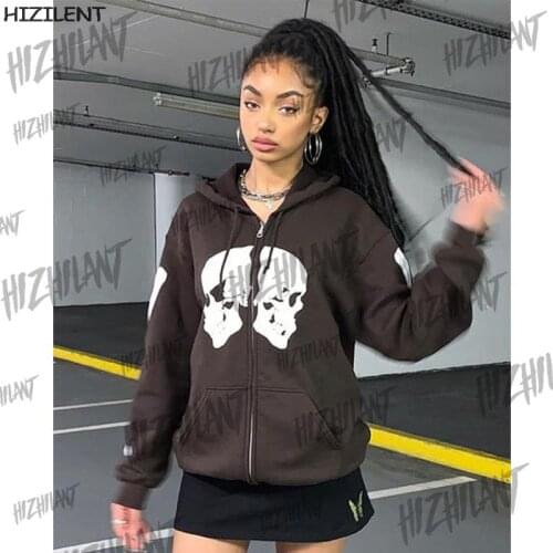 Gothic Sweatshirt Oversized Hoodie Women Zip Up Long Sleeve Top Female coat winter 90S Vintage Harajuku skull Grunge Clothes Y2K