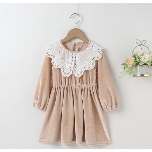 Winter 2021 Girls Dress Girls Velvet Long Sleeve O Neck Lace Apricot Solid Bodycon Cute Streetwear Dresses Vestidos 18M-6T