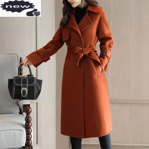 New Fashion Women Autumn Belted Long Wool Blends Coat Loose Fit Ladies Maxi Overcoat Trench Woolen Office Windbreaker Coats