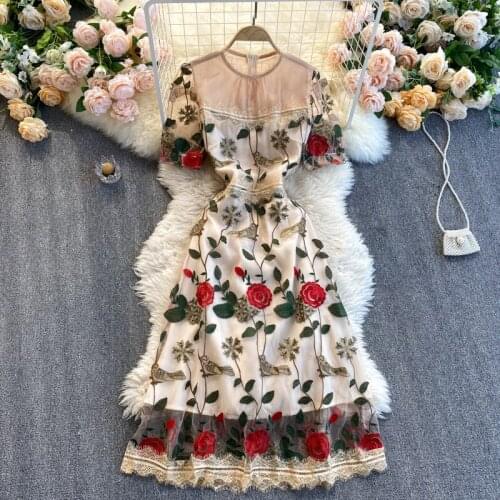 New 2021 Runway Summer Dress For Women Flare Sleeve Lace Ruffles Flower Embroidery Elegant Mesh Midi Party Dresses Vintage Robe