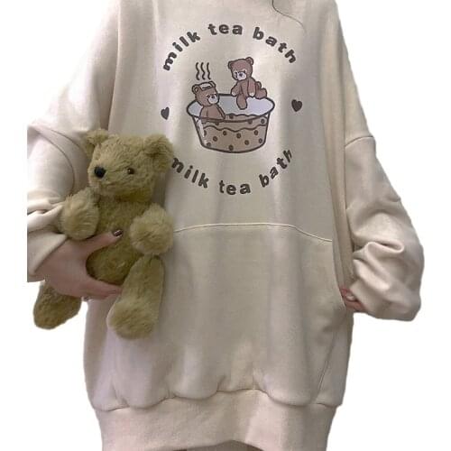 Winter Fleece Kawaii Hoodies Teen Girls Vintage Cartoon Oversized Hooded Sweatshirt Women Anime Cute Funny Long Sleeve Clothes