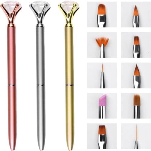 1+10Pcs/set Diamond Nail Art Brush Metal Handle Replaceable Brushes Pen Liner UV Gel Gradient Painting Cuticle Pusher Manicure