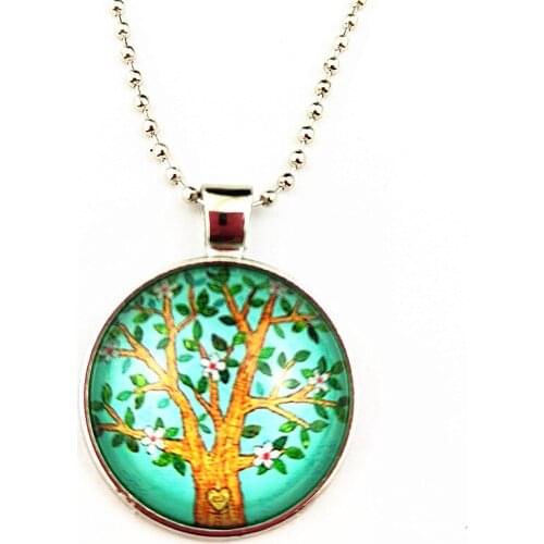 1pc High quality simple alloy pendant with tree of life 25mm glass Cabochon necklace for girls women sweater chain