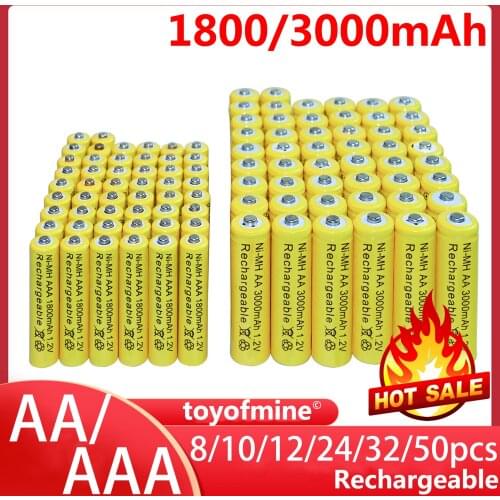 8/10/12/24/32/50pcs AA 3000mAh+AAA 1800mAh 1.2V NiMH Yellow Rechargeable Battery Cell 2A 3A RC Toys led flashlight