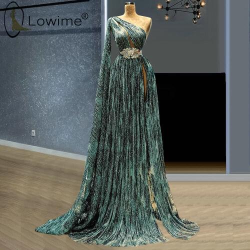 Sparkly Green One Shoulder Evening Dresses with Beaded Belt High Slit A Line Sweep Train Party Gowns Vestidos Prom 2021