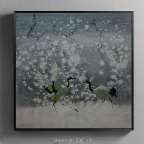 Oil Painting Hand made Impressionist painting Snow scene Red-crowned crane Wall art Picture Modern Decorative canvas painting