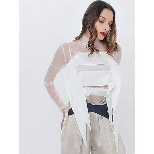 Patchwork Mesh T Shirt For Women Turtleneck Long Sleeve See Through Ruffle Slim Tops Female 2020 Summer Fashion New Clothing