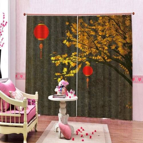 Custom Any Size Autumn Maple Leaves lantern Curtain Digital Print For Living room bedroom Blackout Drapes 2 Panels With Hooks
