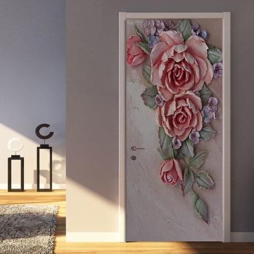 European Style 3D Embossed Rose Flowers Door Sticker Living Room Bedroom Vinyl Door Murals PVC Self-Adhesive Waterproof 3D Decal