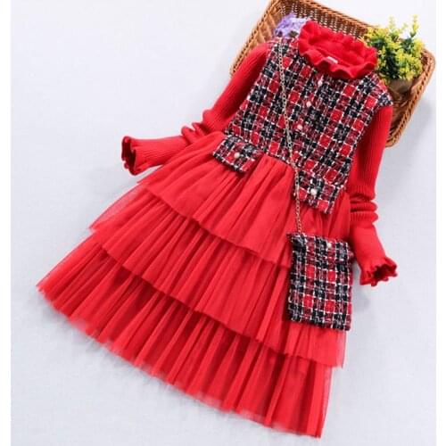 New Arrival 2020 Kids Girl Clothes Red Knitted Sweater Dress With Plaid Bag Long Sleeve Fashion Big Girls Layered Dress Children
