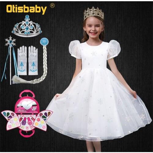Snow Queen Fancy Fairy White Blue Cinderella Dress Toddler Summer Princess Elsa Dress Puff Sleeve Snowflake Print Dresses Girls
