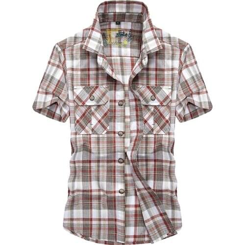 Summer Plaid Shirt Men Military Casual Short Sleeve Turn Down Collar Button Up Shirt Cotton Camisa Masculina Large Size M-4XL