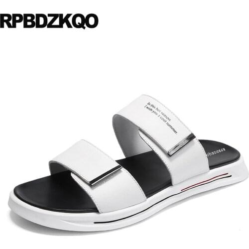 Slides beach slip on genuine leather flat men sandals summer high quality slippers white famous brand designer shoes soft 2019