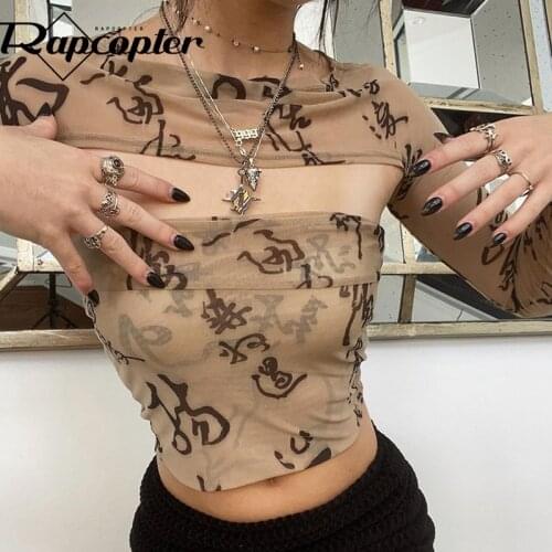Rapcopter Letter y2k Crop Top Mesh Khaki Corset Top Winth Gloves Camis Vintage Chinese Style Sweats Women Autumn Basic Tee New