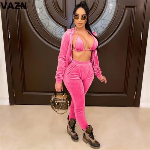 VAZN 2020 Hot High-end Suede Set Solid Full Sleeve Cloth Group Long Pants 1 Piece Underwears Women Slim Women 3 Piece Set