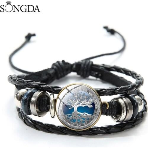 Vintage Tree of Life Wrap Bracelets Art Photo Glass Dome Handmade Adjustable Cartoon Printed Buckle Multilayer Leather Bracelet
