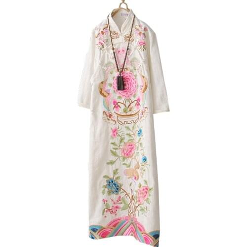 High quality Womens Dress Embroidered Cotton linen Dress O Neck Long Sleeve Casual cheongsam Summer Dress vestido bordado