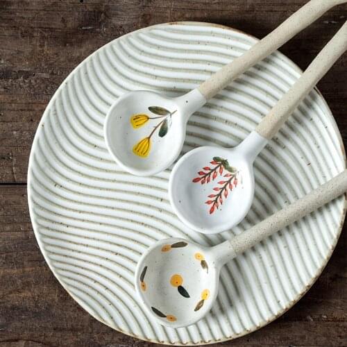 Japanese creative ceramic Handmade long handle small spoon dessert ice cream Coffee spoon Tableware Kitchen utensils