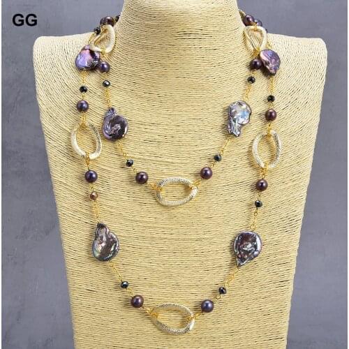 GuaiGuai Jewelry Natural Pearl 46" Keshi Black Pearl Crystal Chain Necklace