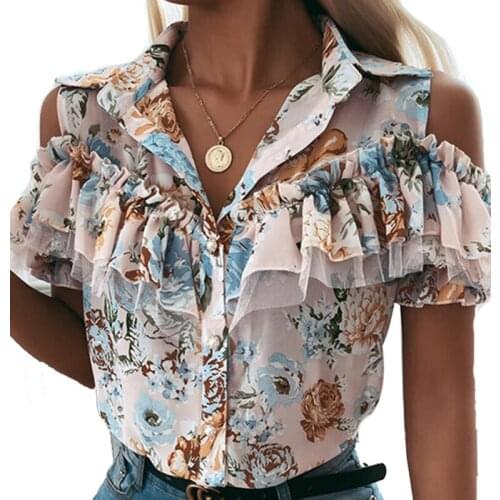 Fashion New Digital Print Lapel Patchwork Single Breasted Short Sleeve Blouse