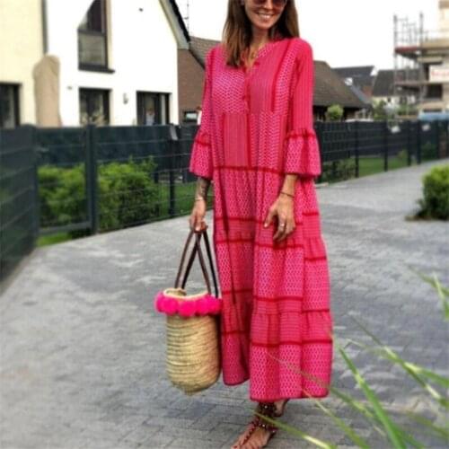 Elegant Red Geometric Print Long Maxi Dresses for Women 2021 Autumn Boho Casual Loose Flare Sleeve V Neck Ruffed Dress Vestidos