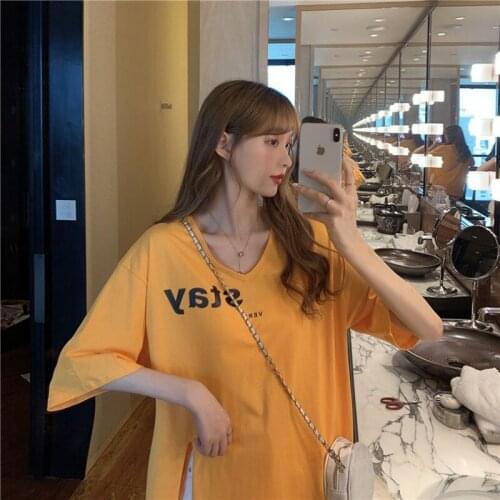 2021 Summer Basic Solid Color Split Short Sleeve t-Shirt For Womens Oversized Kpop Korean Fashion Aesthetic e Gril Clothes