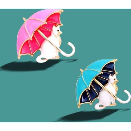2021 Fashion Costume Jewelry Gold Plated Cartoons Cute Enamel Pin Metal Umbrella Cat Brooch Elegant Animal Brooches For Women