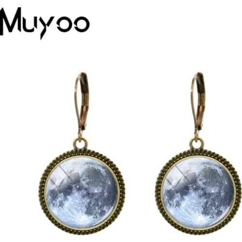 2021 New Full Moon Photo Dangle Earring Art Space Vintage Earrings Round Glass Dome Handmade Jewelry