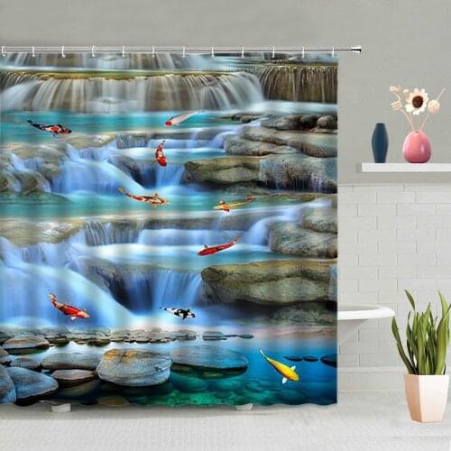 3D Stereo Landscape Shower Curtain Waterfall Stone Maple Bamboo Deer Fish Pigeon Flower Pattern Waterproof Fabric With Hook Set