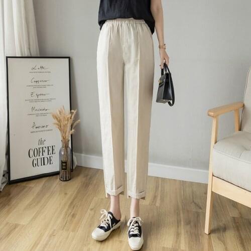 Fashion The New Women Cotton Pants Summer Elastic Waist Loose Casual Harem Pants Womens Pocket Cotton Linen Trousers