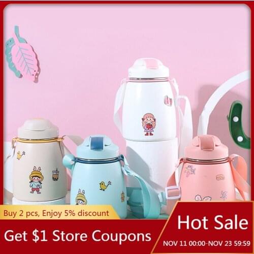 0.9 Liter Water Bottle Stainless Steel Children Vacuum Flask Portable Strap Big-Belly Cup With Straw Drinking Cup Thermal Bottle