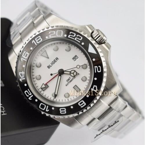 Bliger 43mm white Ceramic Bezel Luminous GMT Date Automatic Mens Watch Date&day Classique Relogio Feminino Blanc Femmes Dames